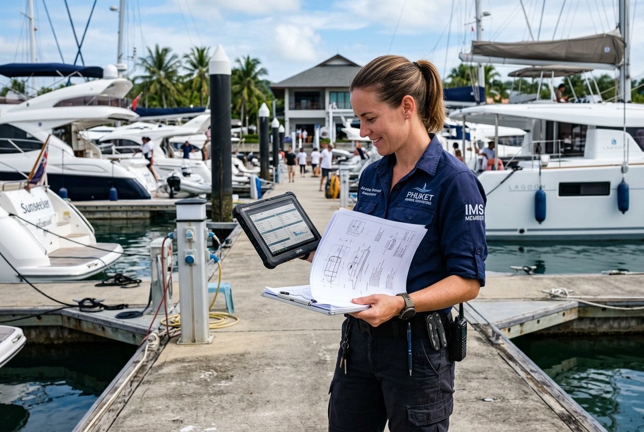 GENCO Marine Consulting technical specialist reviewing yacht systems at Phuket marina